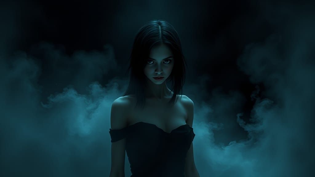 Ethereal Woman Shrouded in Blue-Gray Mist, Gothic Art