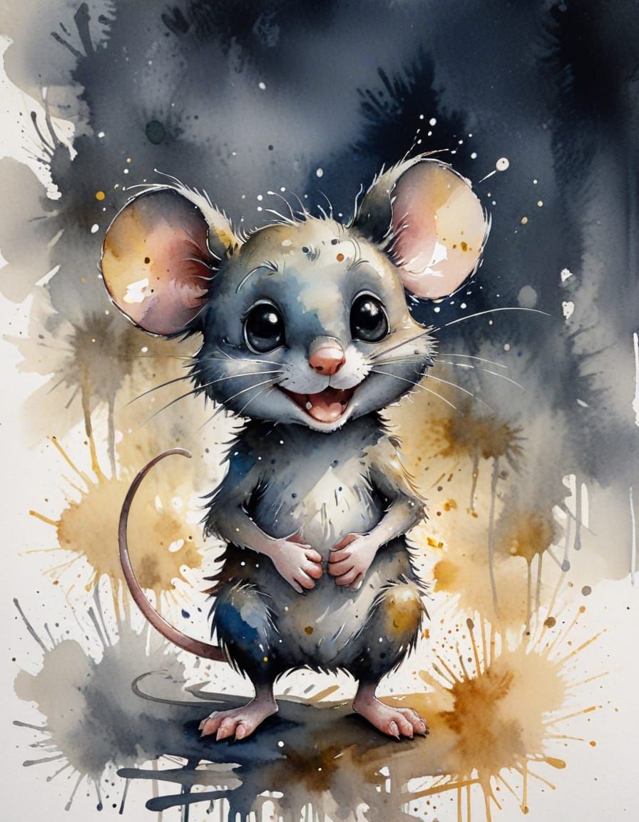 Shy Anthropomorphic Mouse Ink Splatter Art