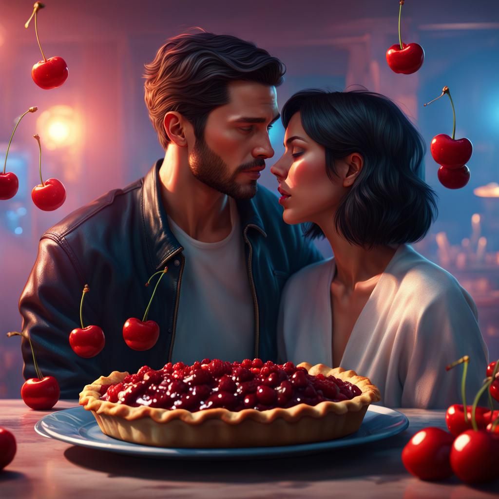 Hyperrealistic Couple Enjoying Cherry Pie Dessert