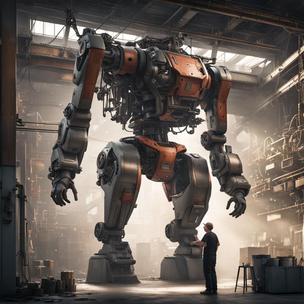 Mechanic Overhauling Suspended Giant Mech