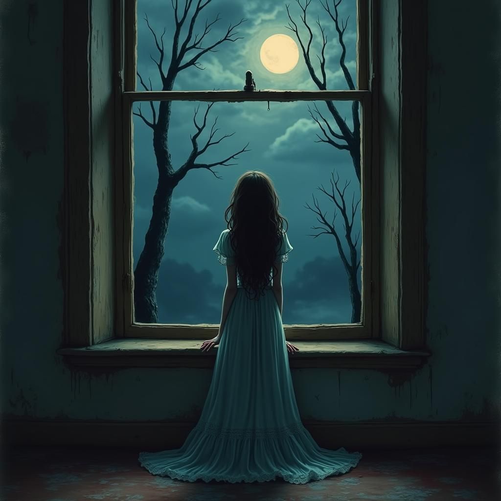 Gothic Girl Gazing into Eerie Starless Night
