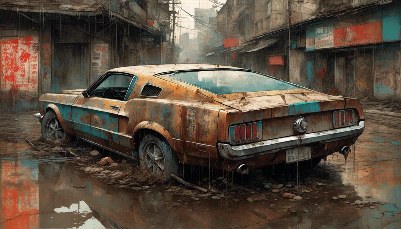 Decaying Mustang in Post-Apocalyptic Manga Style