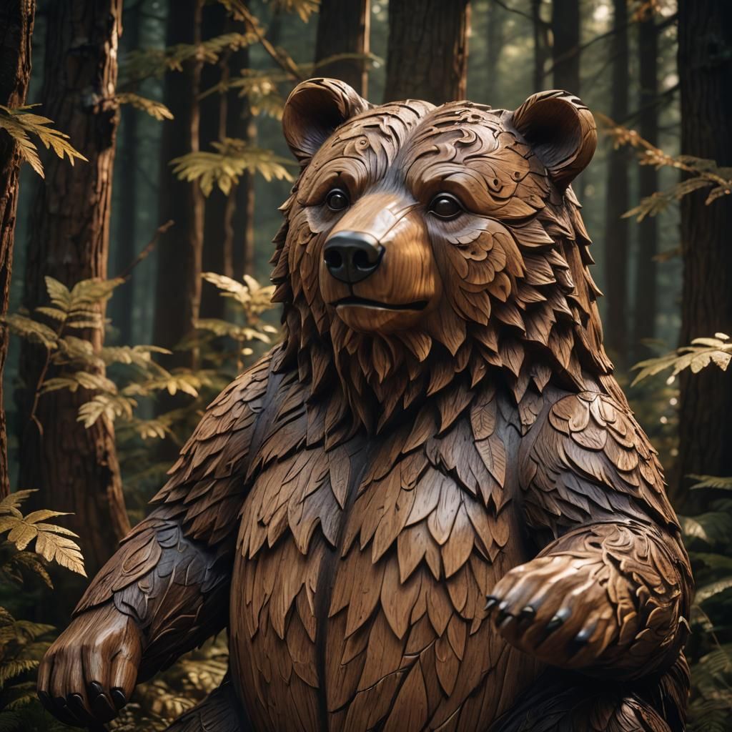 Mystical Forest: Intricately Carved Wooden Bear Statue
