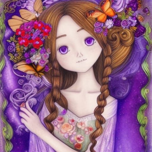Girl with Pillow, Flowers, and Butterflies