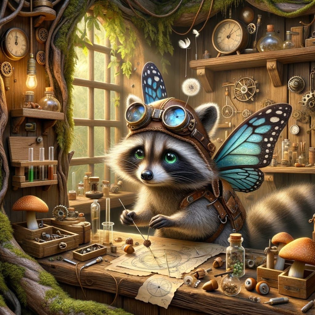 Steampunk Raccoon's Whimsical Workshop Illustration