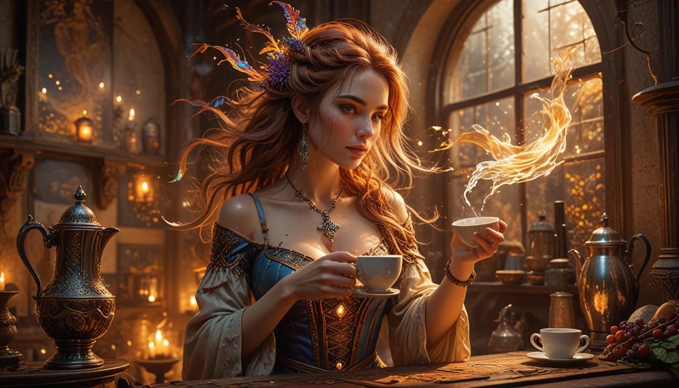 Fantasy Mage Served Coffee by Floating Pot in Fine Art Paint...