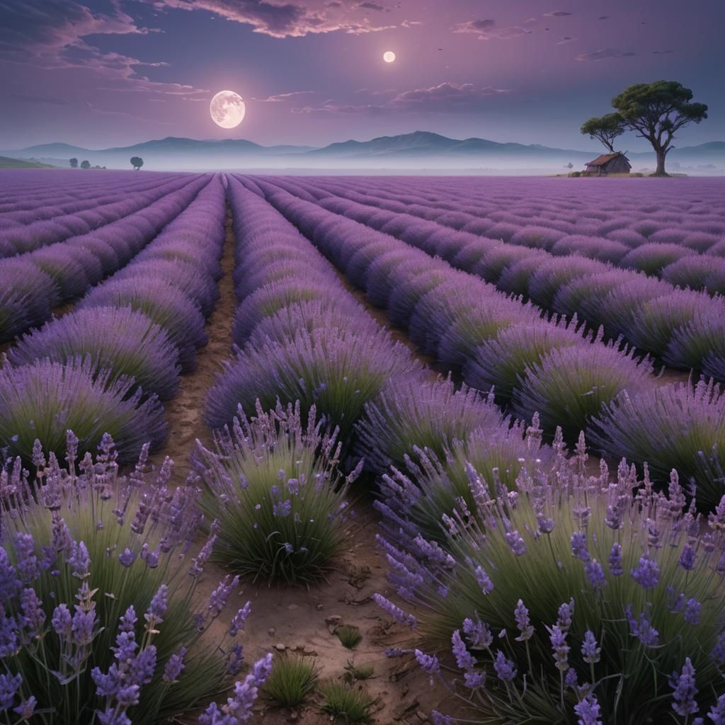 Lavender Fields in Moonlight: Magic Realism Landscape