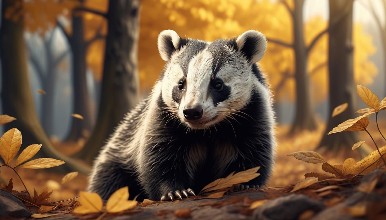 Cute Fluffy Badger on Golden Autumn Day Matte Painting