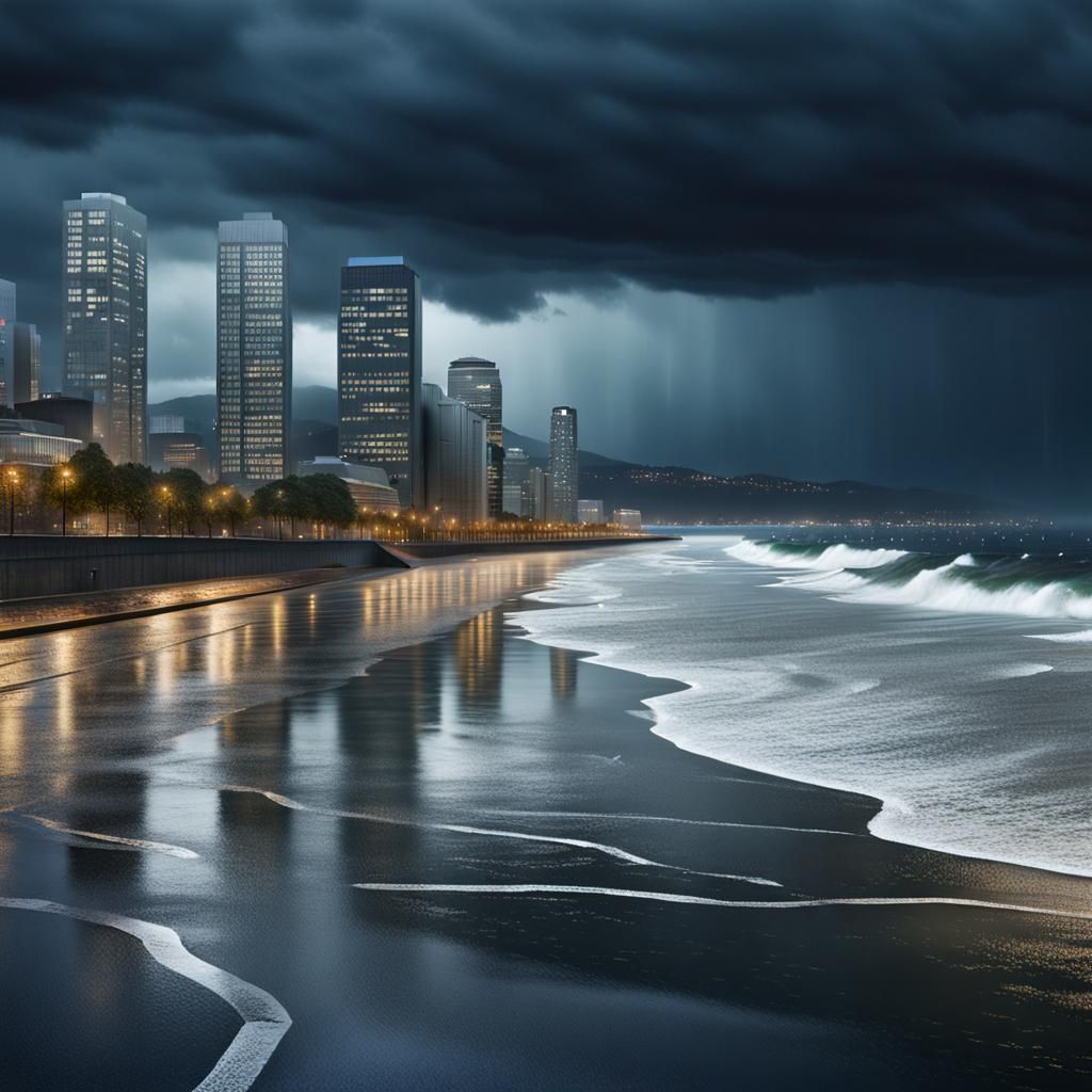 Rainy Evening at the Seaside City: Realistic 8K Photo