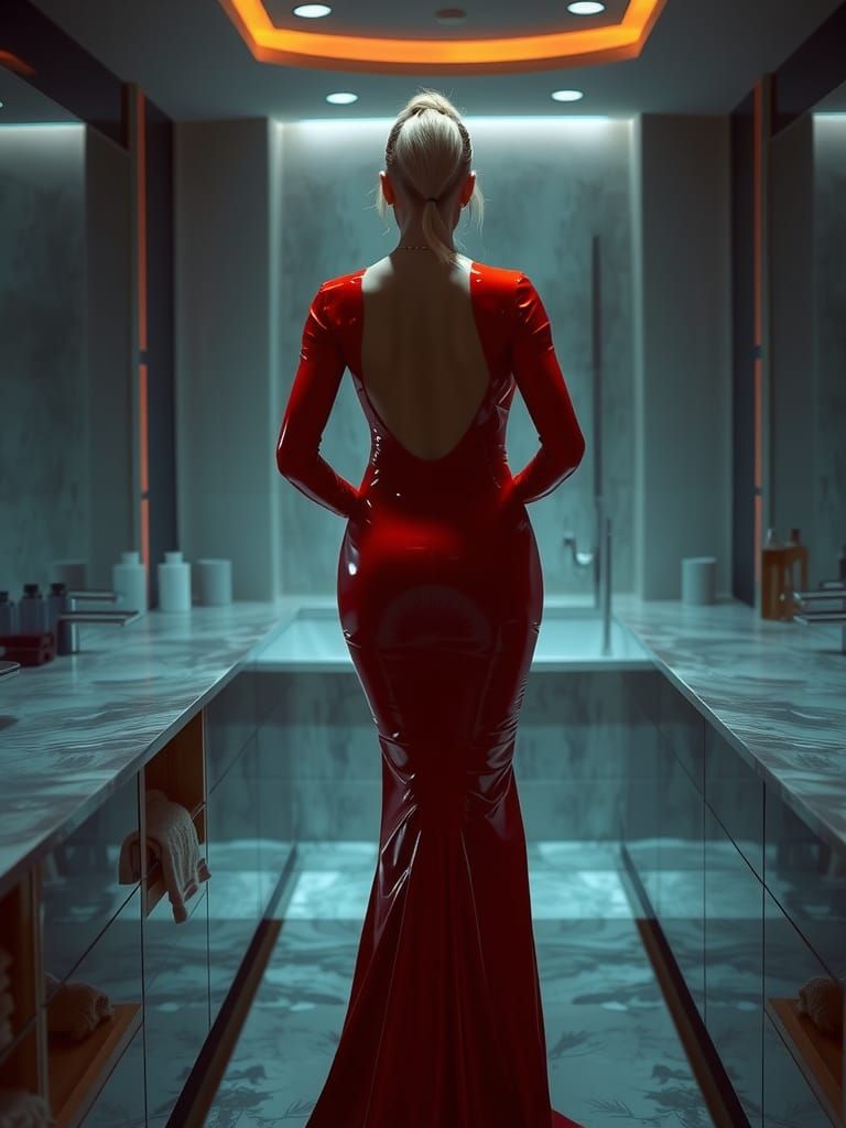 Blonde Woman in Red Latex Gown in Sleek Bathroom
