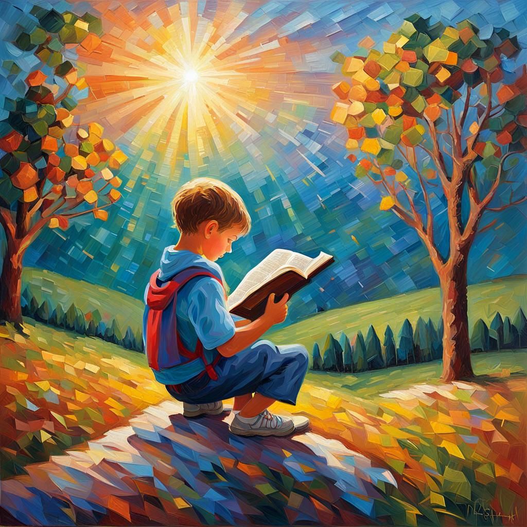 Child Reading Bible in Peaceful Landscape: Impasto Oil Paint...