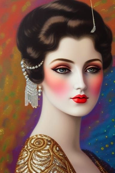 highly artistic gouache painting; beautiful girl with 1900s flapper, lace, sequin, glitter, hyper realistic, head and sh...