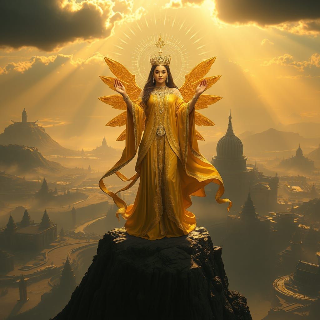 Majestic Goddess of Light Amidst Futuristic Landscape