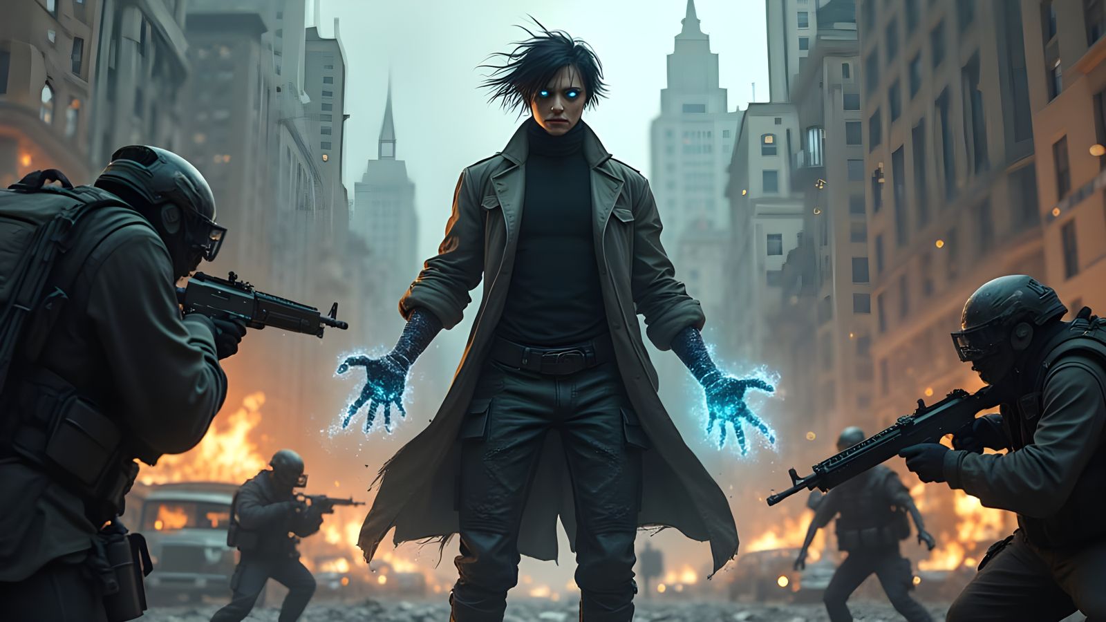 Mysterious Villain Towers Over Destructed Cityscape in Cyber...