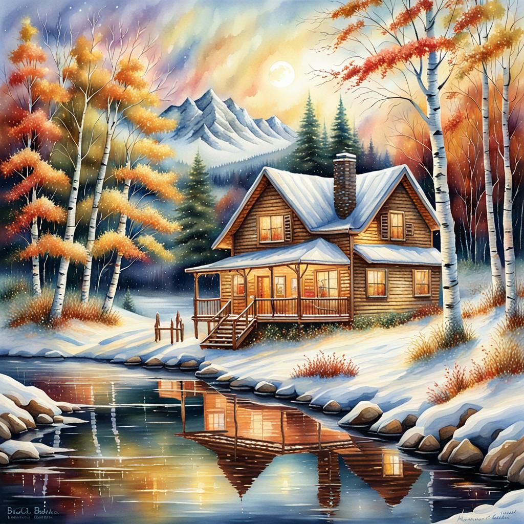 Winter Lake Cabin in Watercolor Style