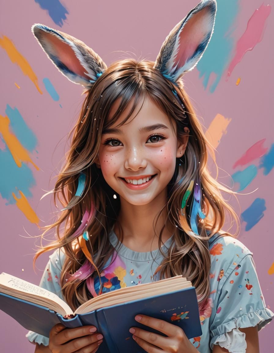 Hyperrealistic Rabbit Girl Reading a Book
