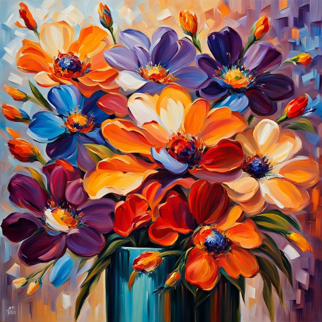 a vibrant, expressive bouquet of flowers in full bloom, with...
