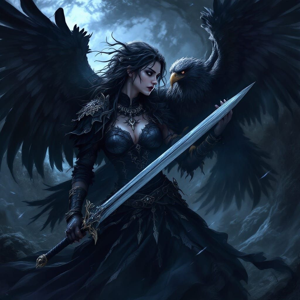 Dark Gothic Warrior Maiden with Eagle and Sword