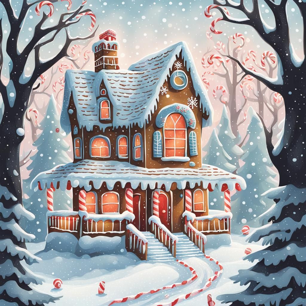 Gingerbread House in Snowy Winter Wonderland Illustration
