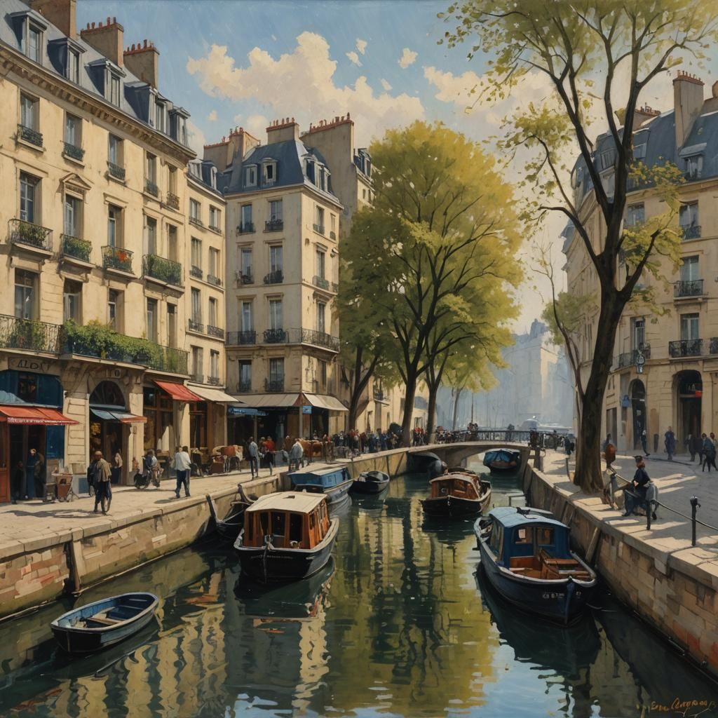 Historical Canal Saint-Martin Paris: Oil Painting