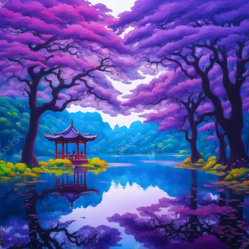 Purple Maple Majesty at Huayang Lake: Impressionistic Magic