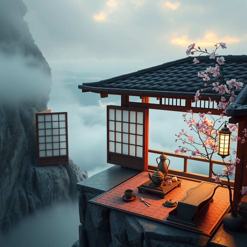 Whimsical Japanese Tea Room Amidst Misty Mountainside