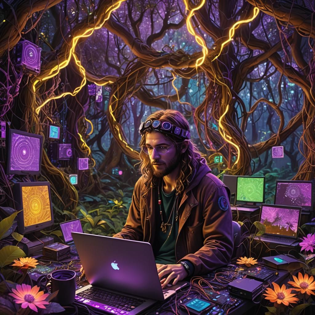 Psychedelic Hacker in Neon Forest: Digital Art