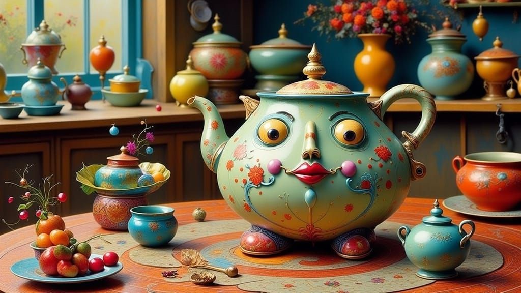 Whimsical Anthropomorphic Teapot in Surreal Kitchen