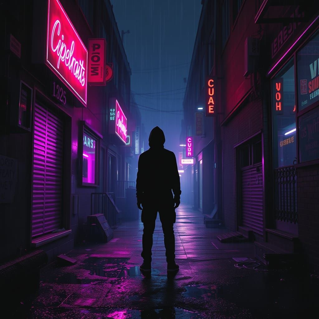 Rain-Slicked Cityscape in Glitching Neon