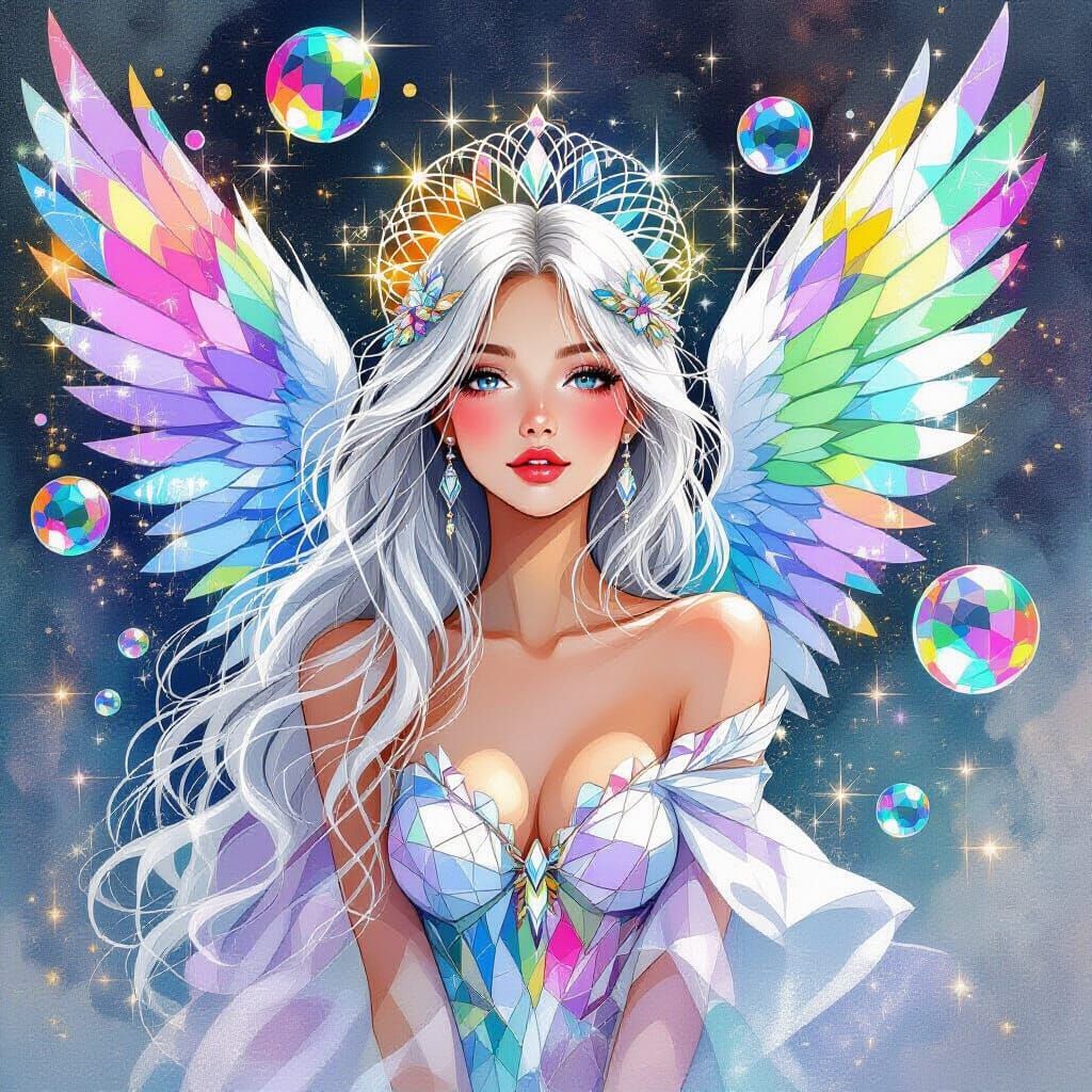 Colorful Angel with Silver Hair in Abstract Watercolor