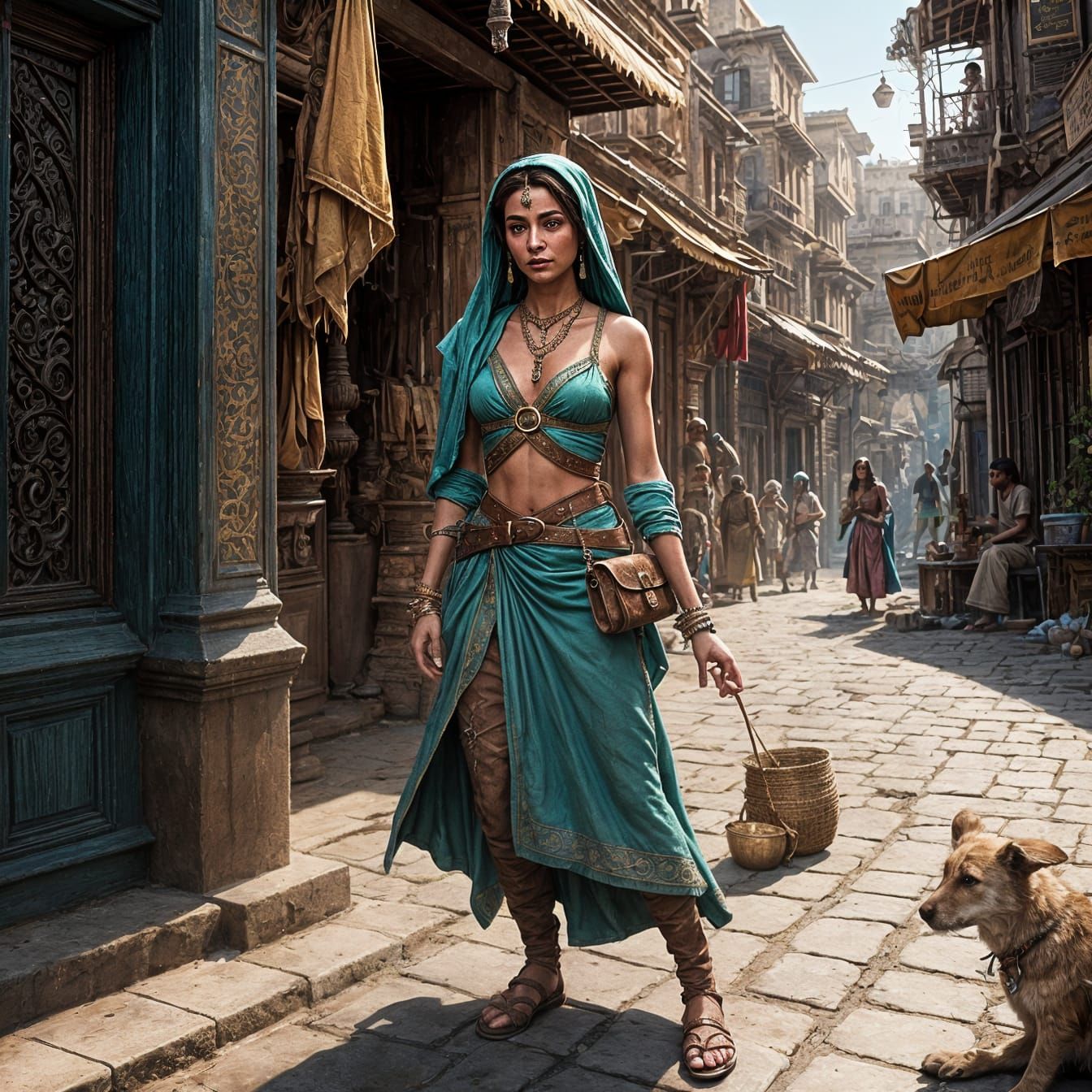 Fantastical Street Scene with Princess Jasmine in Disguise