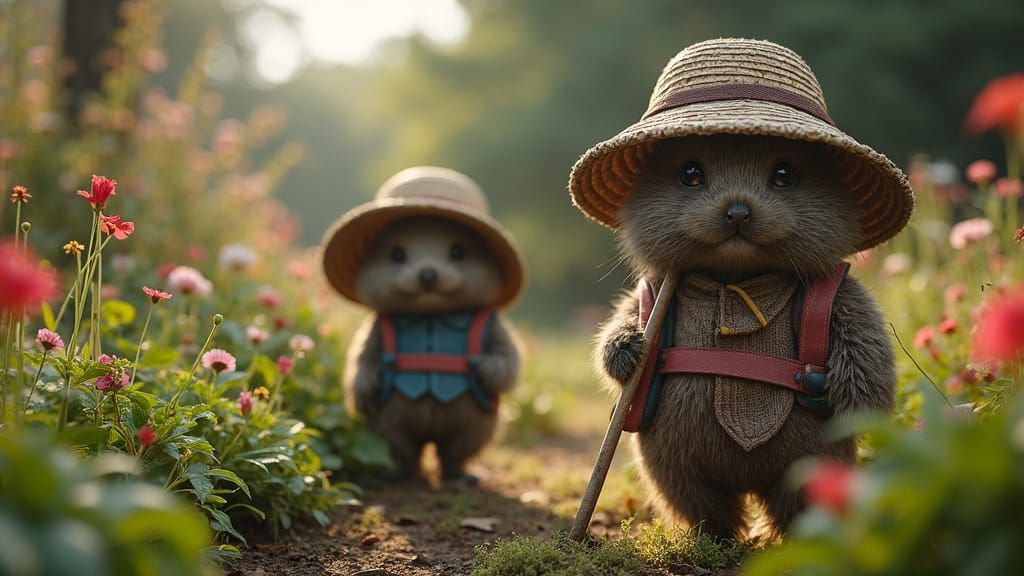 Hyperrealistic Wombles of Wimbledon in Lush Landscape