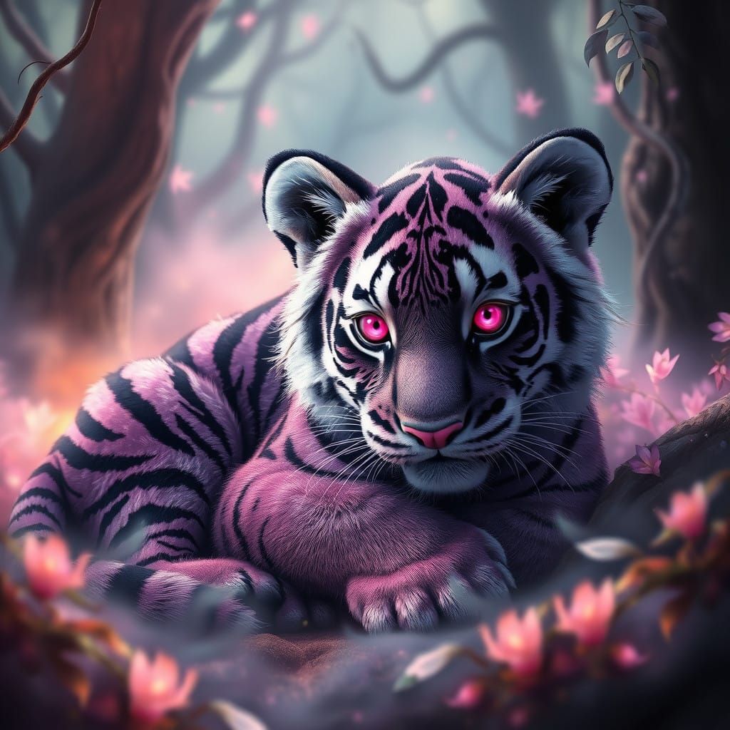 Adorable Baby Purple Tiger in Ancient Fantasy Realm
