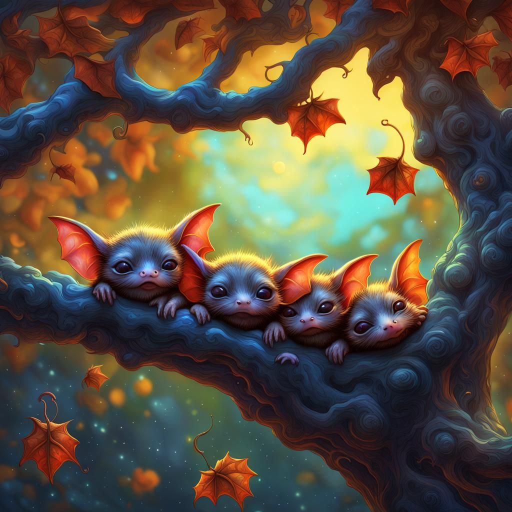 Chibi Vampire Bats Sleeping Under Galaxy Sky