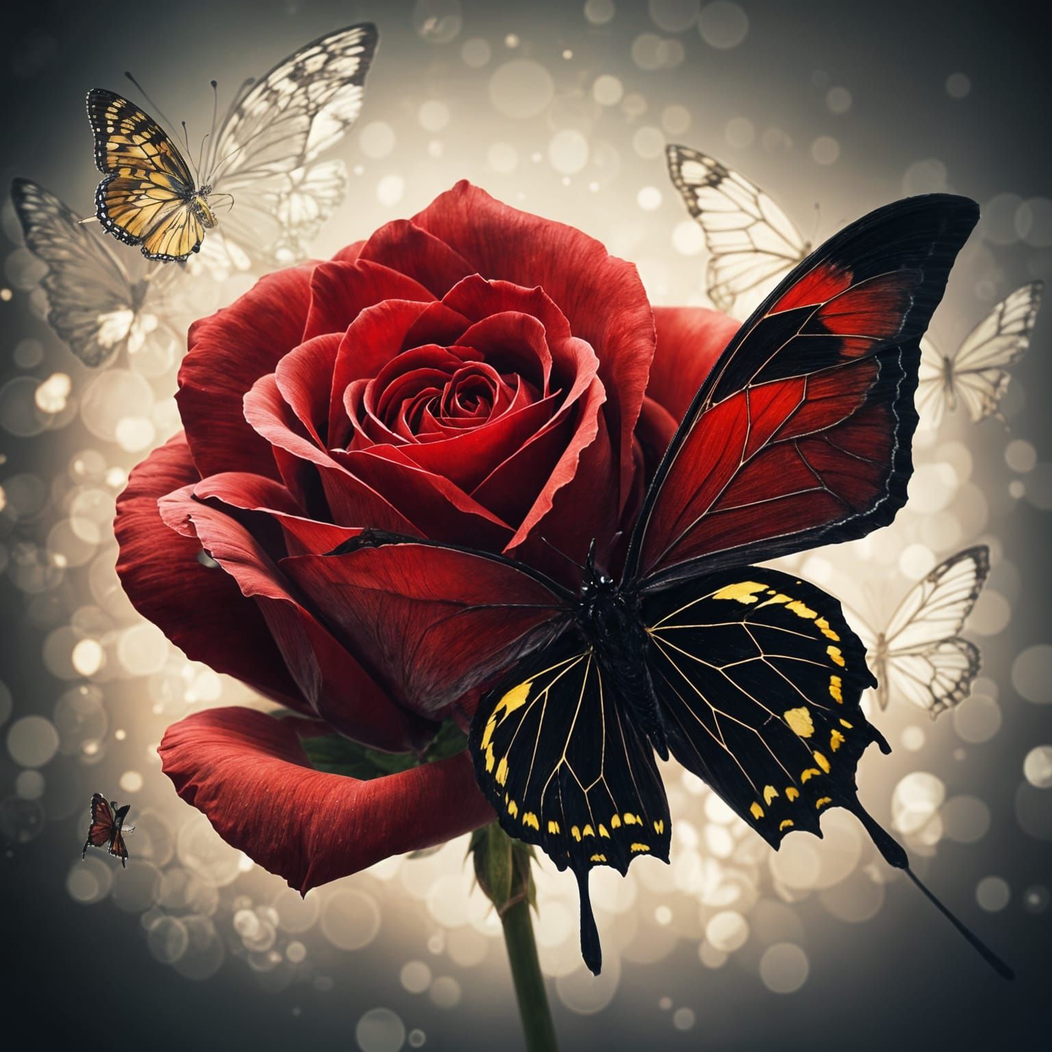 Surreal Double Exposure: Giant Red Rose and Butterfly