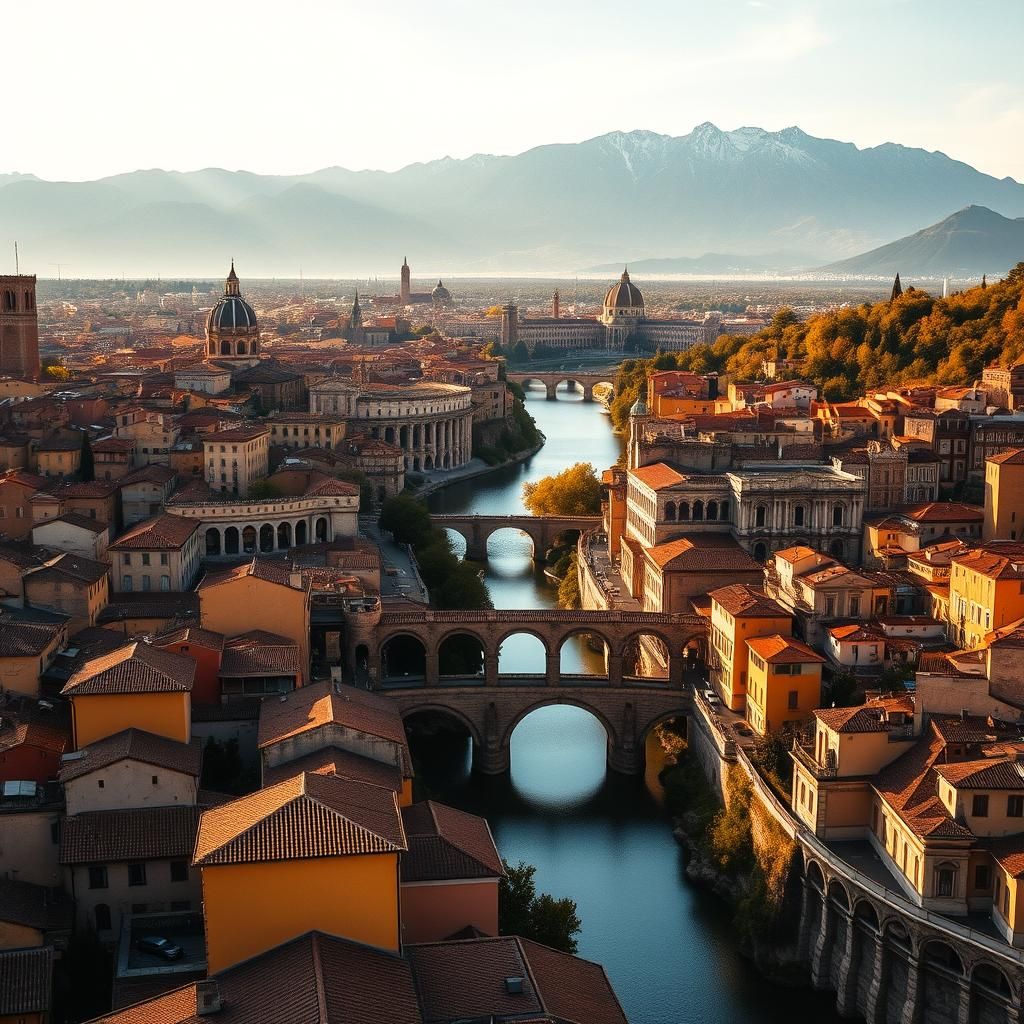 Italian Cityscape with Roman Arena in Golden Light