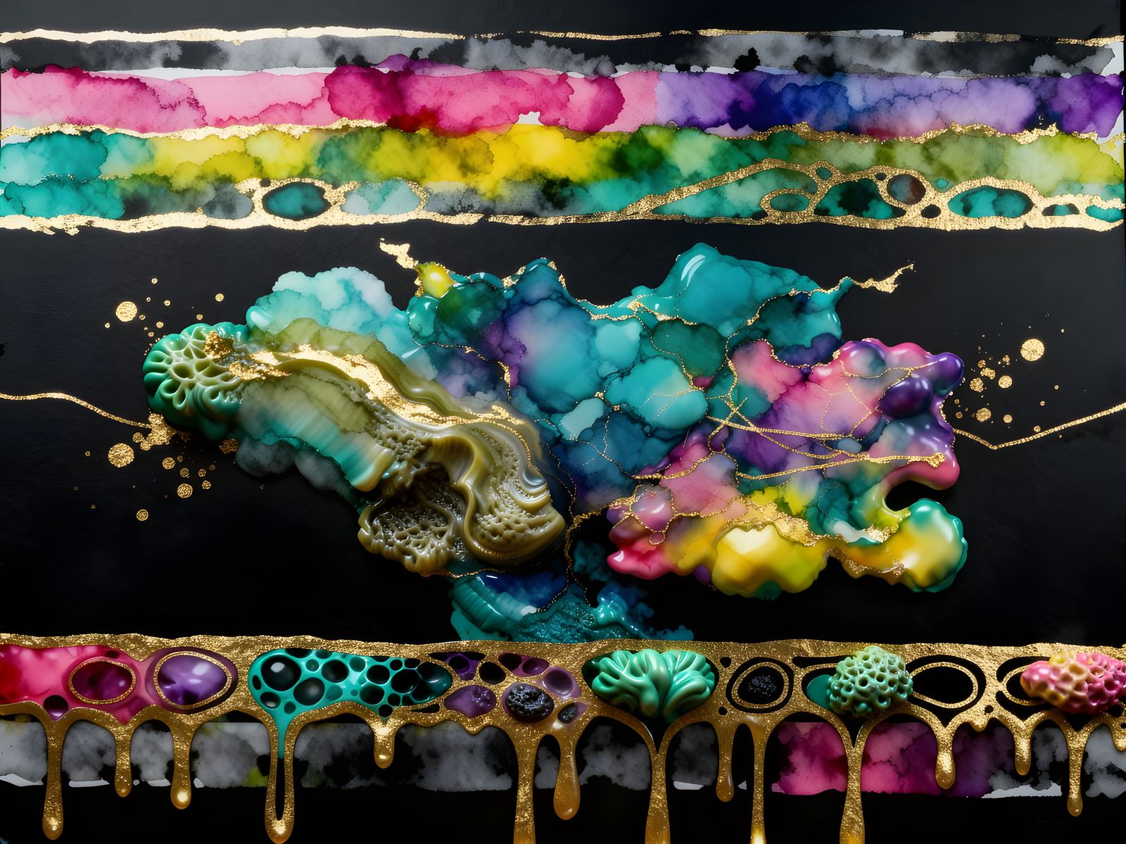 Vibrant Alcohol Inks Swirling on Black Paper