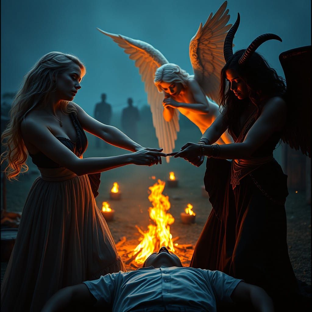 Angel and Demon Engage in Epic Tug-of-War in Mystic Landscap...