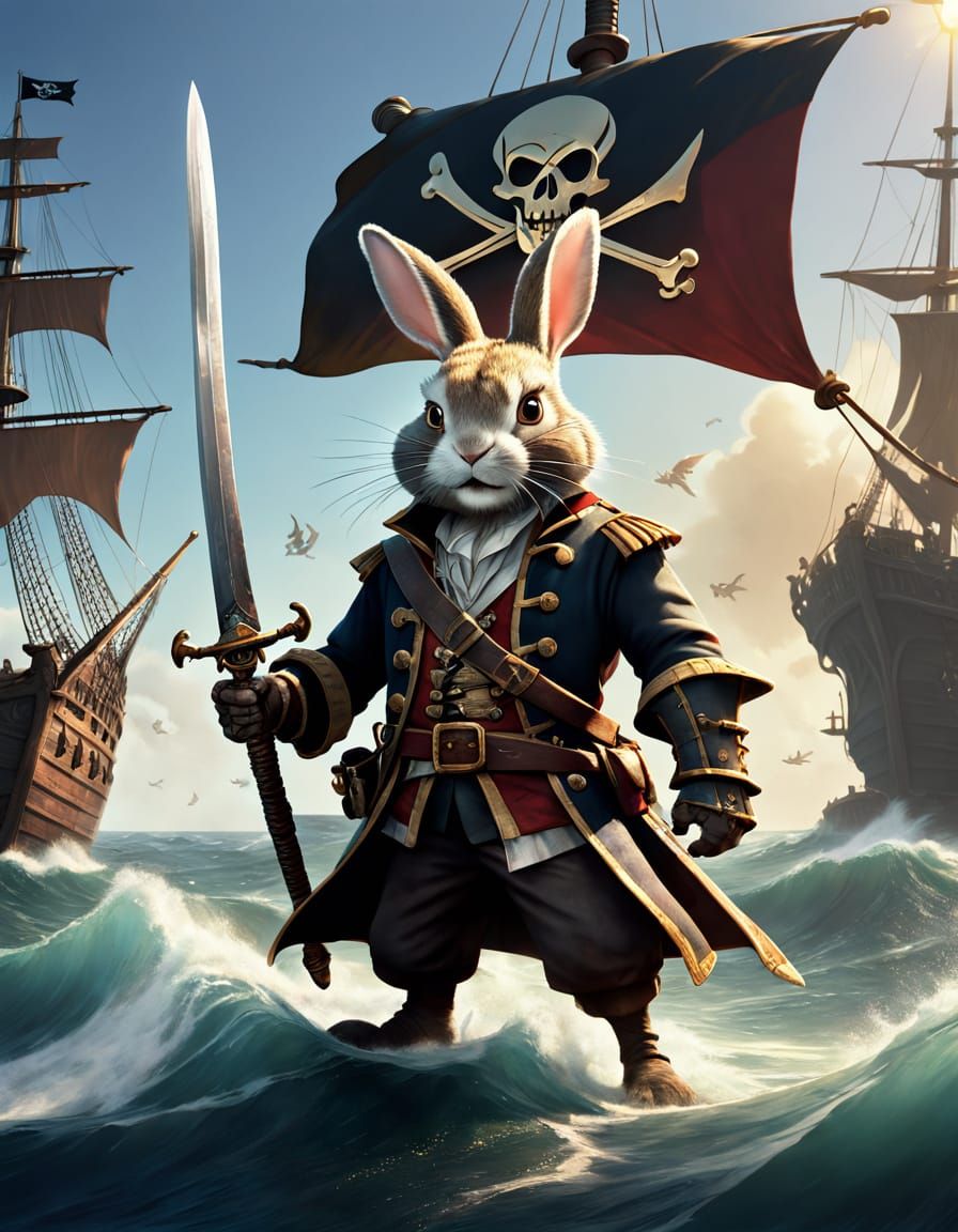 Pirate Rabbit Captain on Ship, Vibrant Oil Painting
