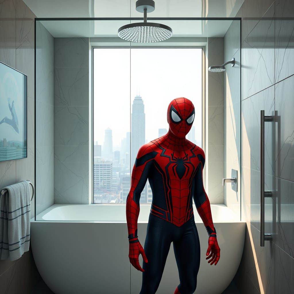 Spider-Man in Futuristic Bathroom, Dystopian Art Style