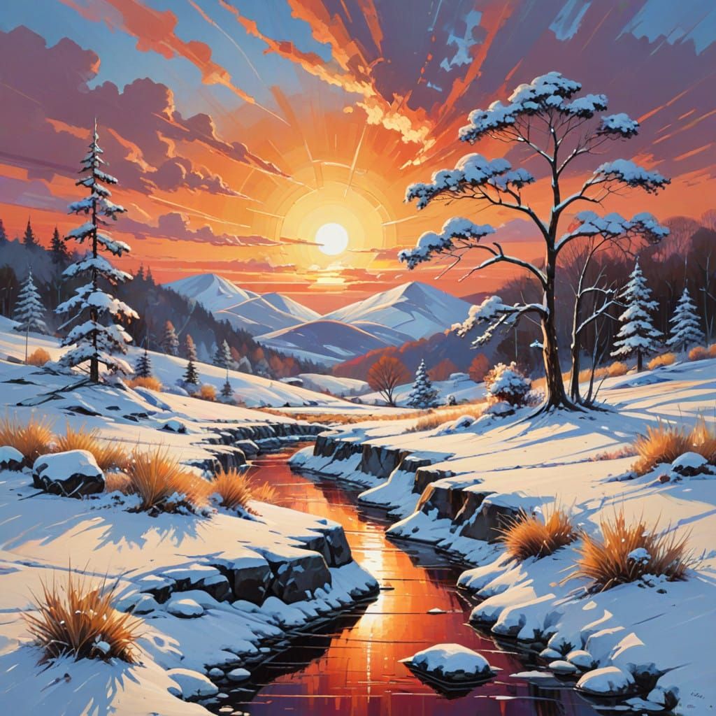 Winter Sunset in Abstract Art Style