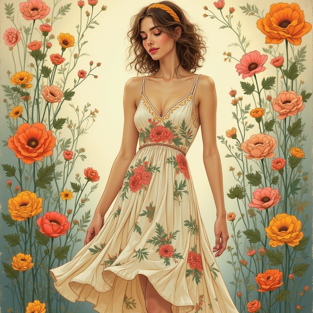 Woman in Floral Setting: Art Nouveau Style