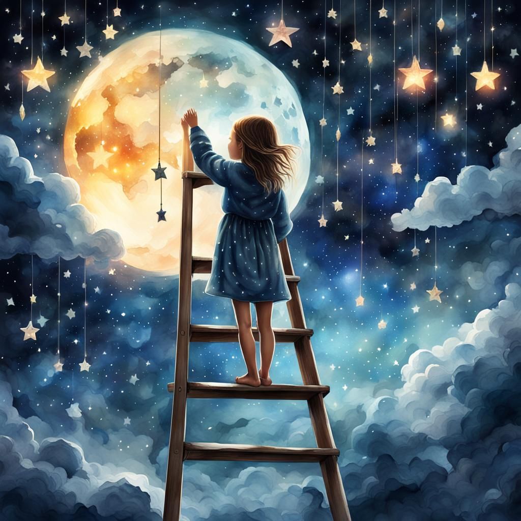 Girl Hanging Stars: Stunning Watercolor Night Scene