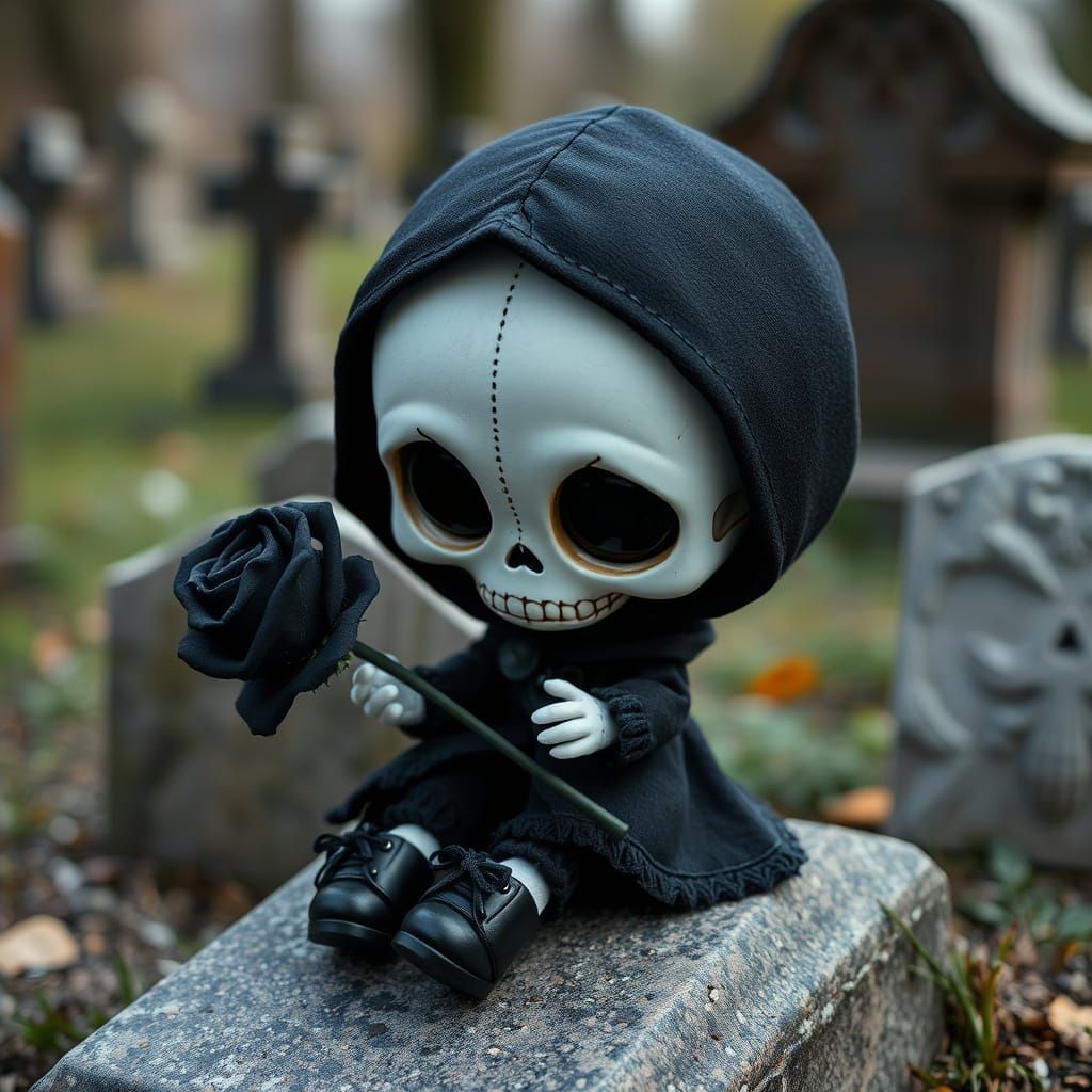 Chibi Skull Doll in Graveyard With Rose
