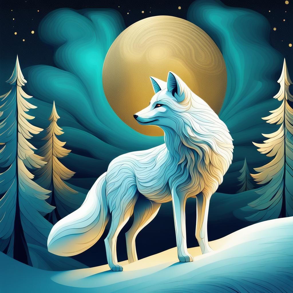 White Fox Admiring Colorful Night Sky