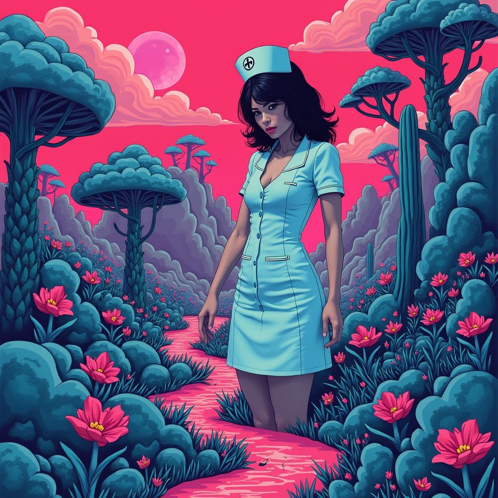 Psychedelic Nurse Poster in Hot Pink and Bright Blue