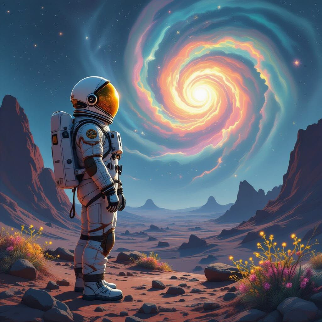 Astronaut on Alien Planet Gazing at Nebula