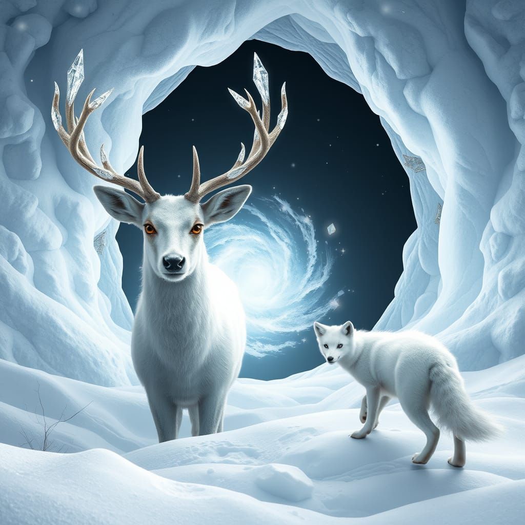 Mystical Deer Guarding Enchanted Portal in Winter Landscape