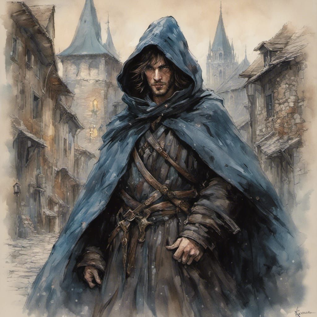 Hooded Rogue in Dark Fantasy Town