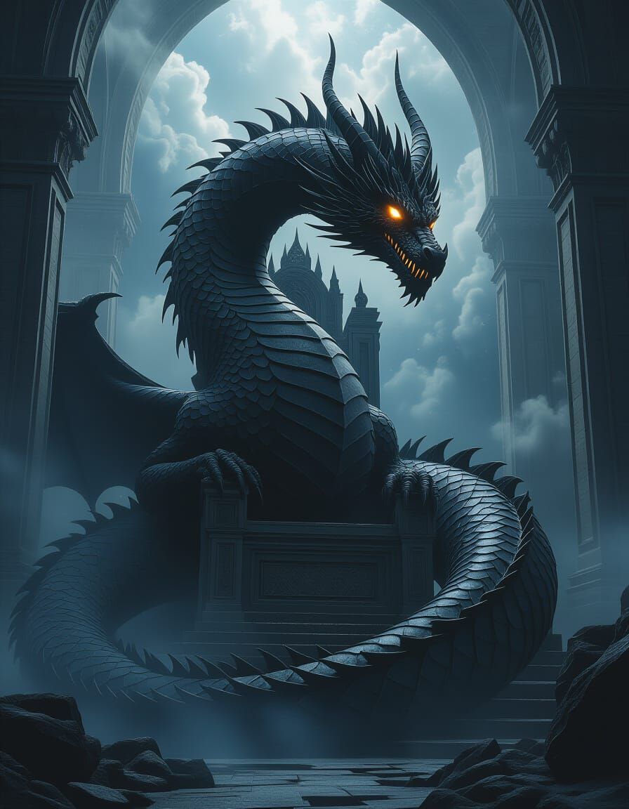 Obsidian Dragon on Celestial Throne in Cosmic Horror Style
